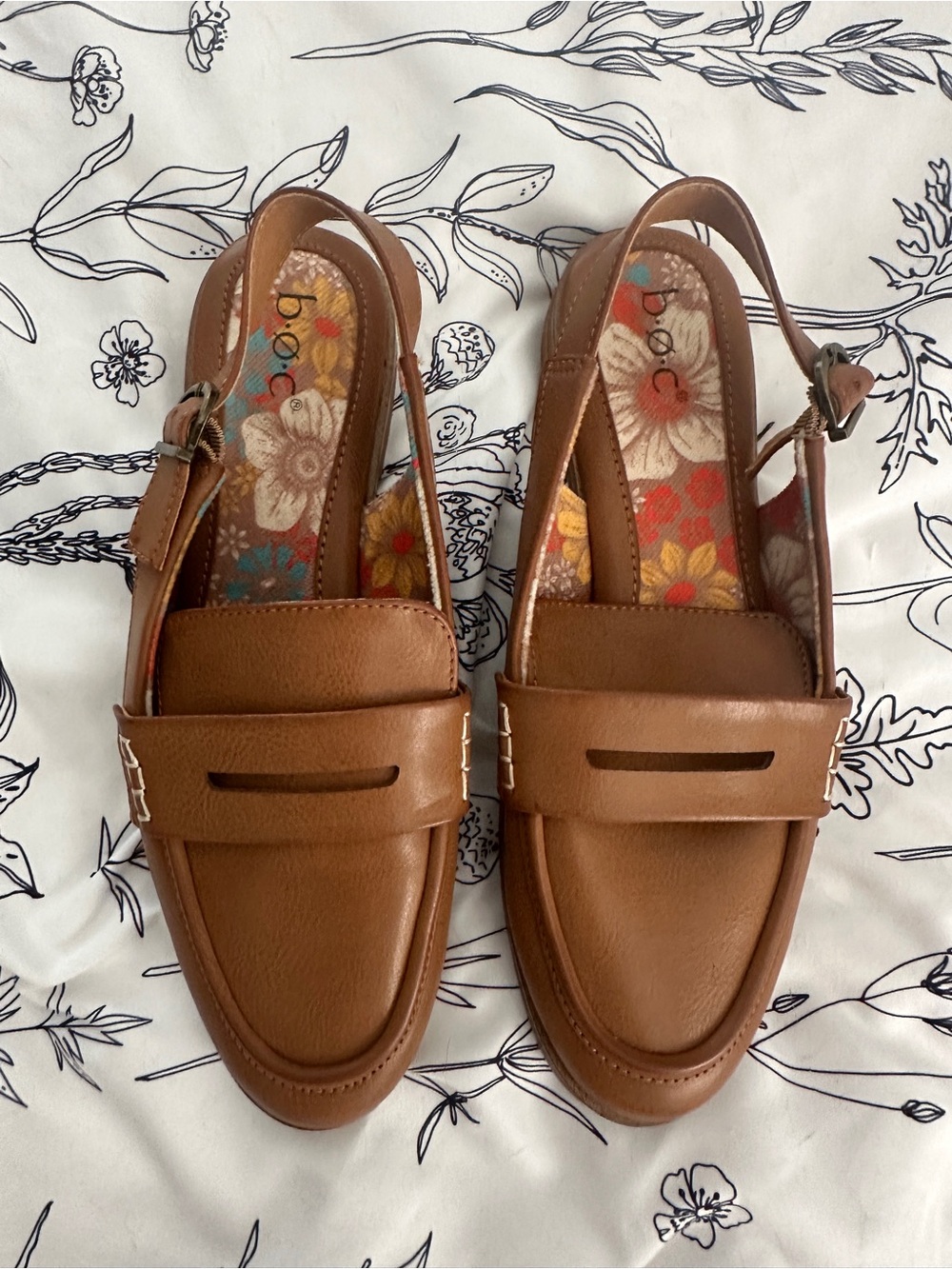 boc Brown Leather Slingback Loafers with Floral Insole